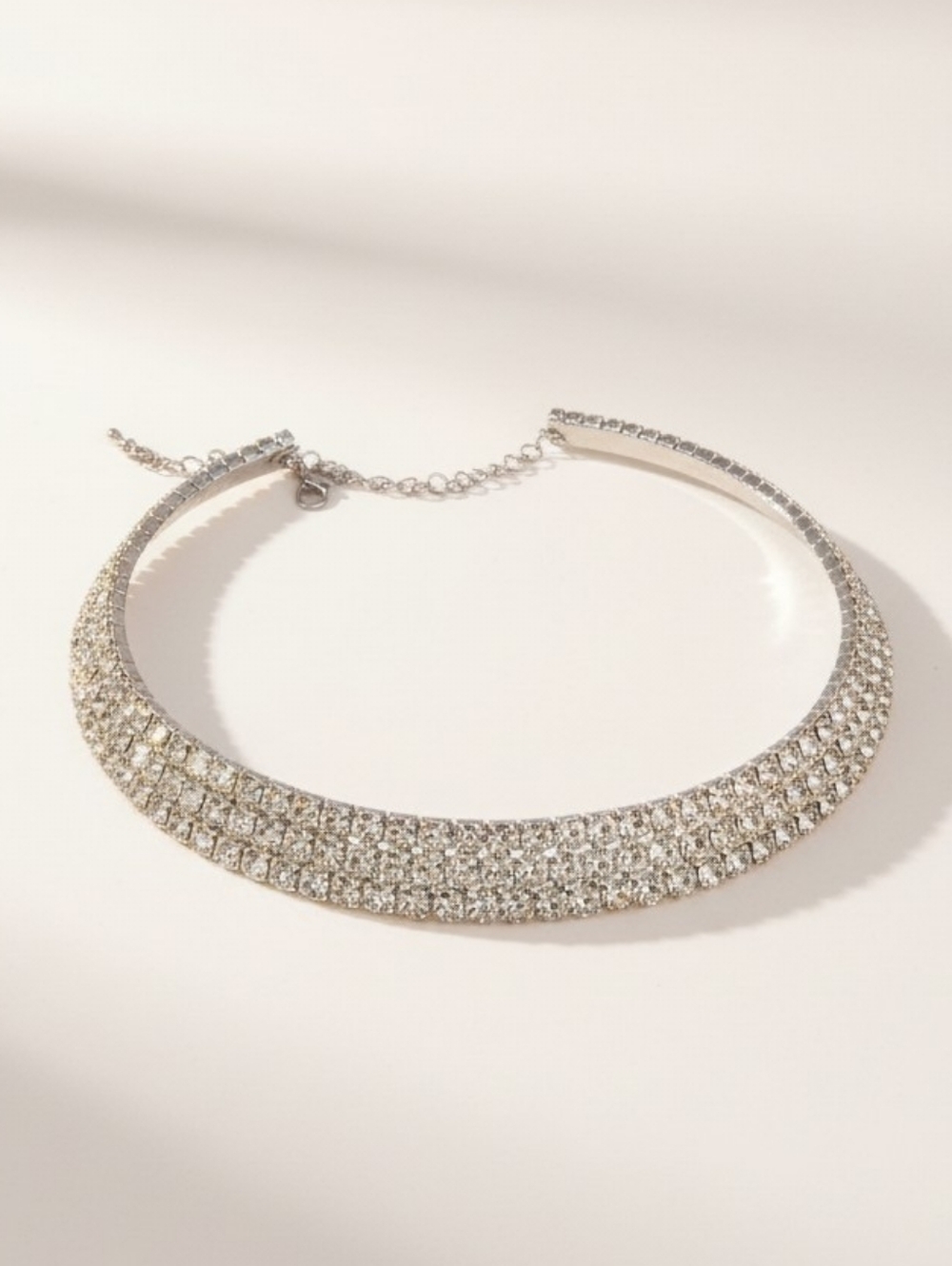 3 Row Rhinestone Choker Silver Tone Crystal Necklace Bridal Prom Statement
